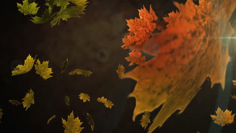 animación de hojas de otoño sobre luz brillante sobre fondo oscuro