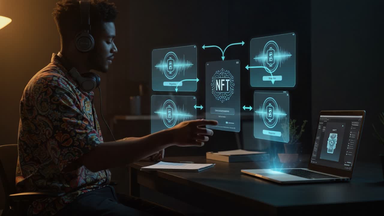 A Creative Professional Engages with NFT Technology, Utilizing High-Tech Interfaces to Transform Digital Assets and Soundwave Visualizations in a Modern Workspace
