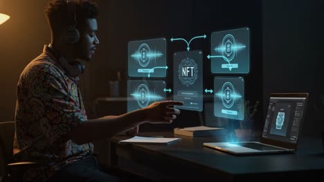 a creative professional engages with nft technology, utilizing high-tech interfaces to transform digital assets and soundwave visualizations in a modern workspace