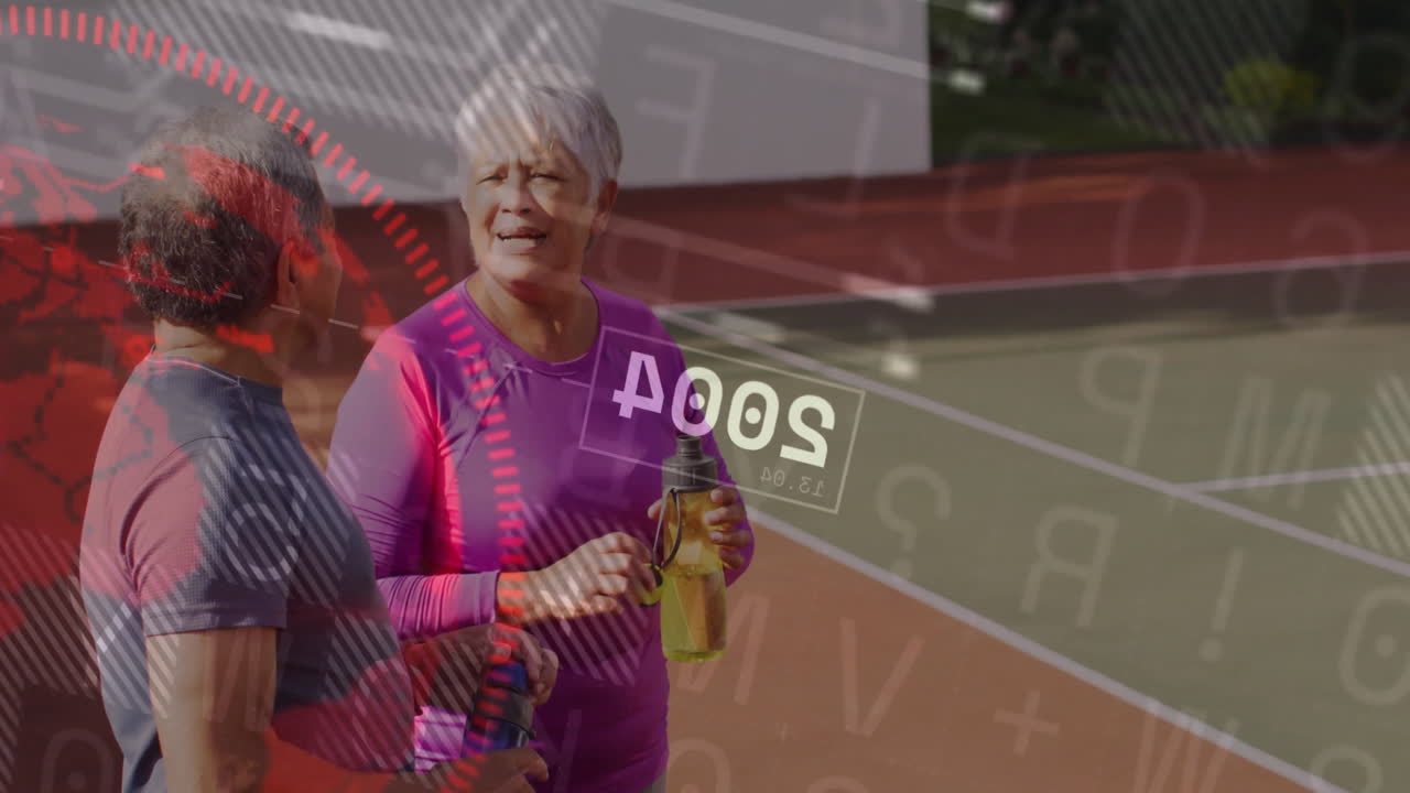 senior couple pausing on sports court, with animated health chart floating above court boundaries