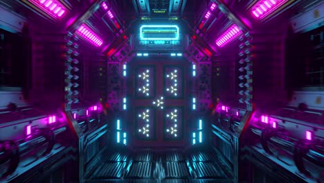 volando en un túnel de una nave espacial, un corredor de transbordador de ciencia ficción. tecnología abstracta futurista. tecnología y concepto futuro. luz intermitente. animación 3d de bucle sin costuras.
