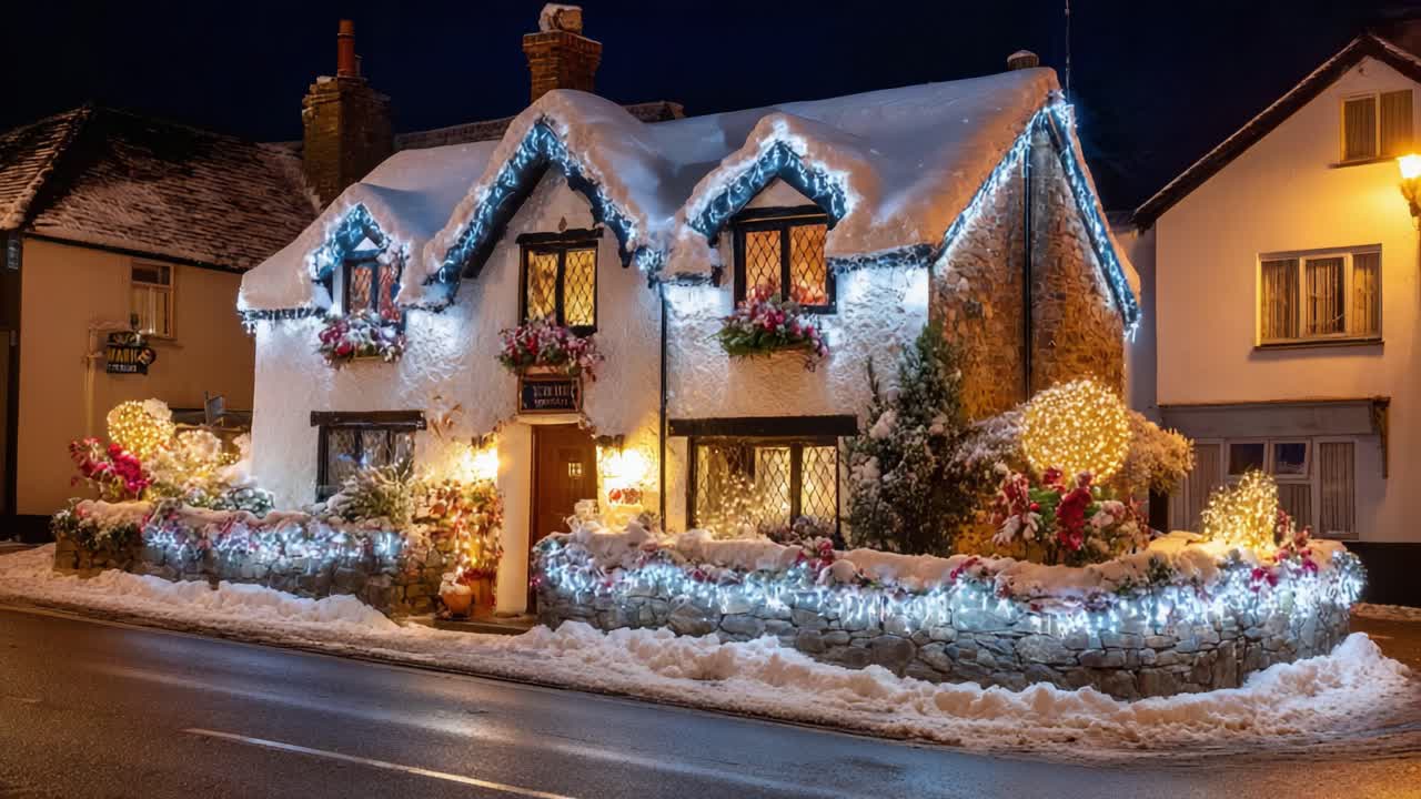 Charming Winter Cottage Illuminated with Festive Lights and Surrounded by Snow, Capturing the Warmth of the Holiday Season in a Beautifully Decorated Landscape
