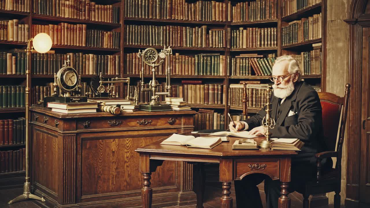 Vintage library scene with an elderly man writing at a wooden desk