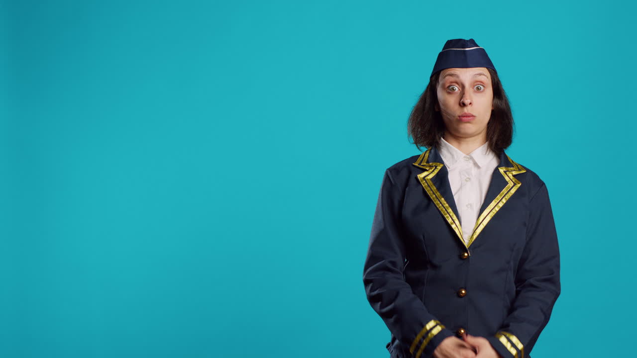 Caucasian stewardess having surprised reaction