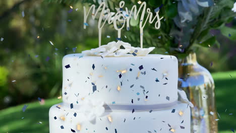 confetti falling animation over white wedding cake with mr & mrs topper