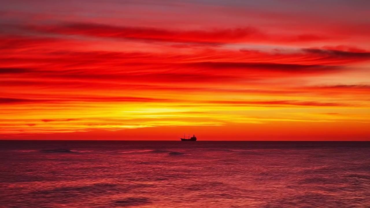 Dark vessel moves slowly across bright horizon line as vivid crimson, orange, and yellow cloud bands fill sky above gently textured sea, creating strong contrast and broad open composition.