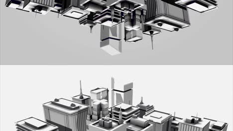 The monochrome layout of the city district spinning on white background with its upside down specular reflection on grey background, seamless loop. Animation. Architecture concept