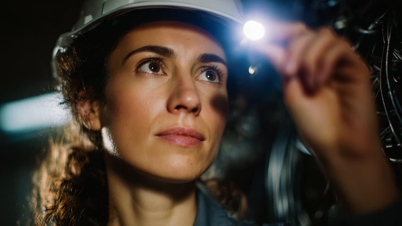 A focused female technician examines intricate circuits with a flashlight, embodying the spirit of innovation and determination while ensuring optimal functionality in a challenging environment