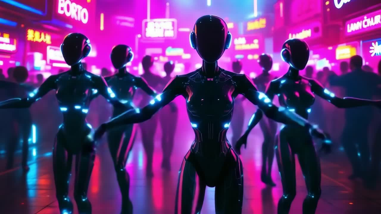 Kybernetische Figuren, die synchronisierte Bewegungen unter lebhafter Neonbeleuchtung ausführen, umgeben von verschwommenen Silhouetten in einem hochmodernen Nachtclub.