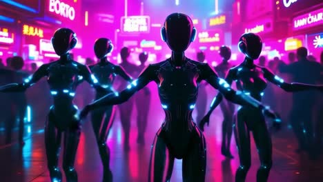cybernetic figures performing synchronized movements under vibrant neon lighting, surrounded by blurred silhouettes in ultramodern nightlife venue