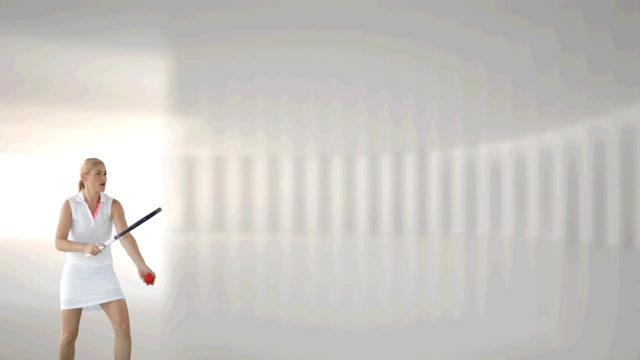 Animation of female tennis player hitting ball over white background