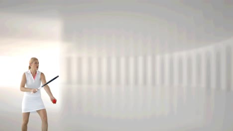 animación de una jugadora de tenis golpeando la pelota sobre un fondo blanco