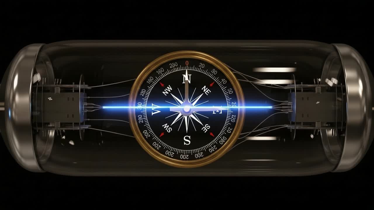 A Futuristic Compass Encased in a Glass Cylinder, Showcasing High-Tech Features and a Bright Blue Energy Beam for Navigation and Direction Finding