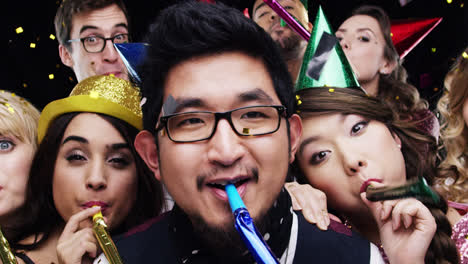 Multi-ethnic-group-of-people-celebrating-birthday-party-slow-motion-photo-booth