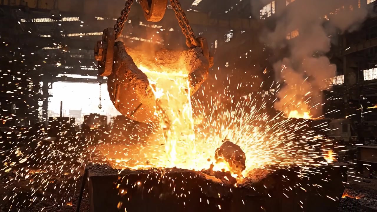 Molten Metal Flowing from a Crucible in an Industrial Foundry, Capturing the Intense Process of Metal Casting and the Surrounding Fiery Environment