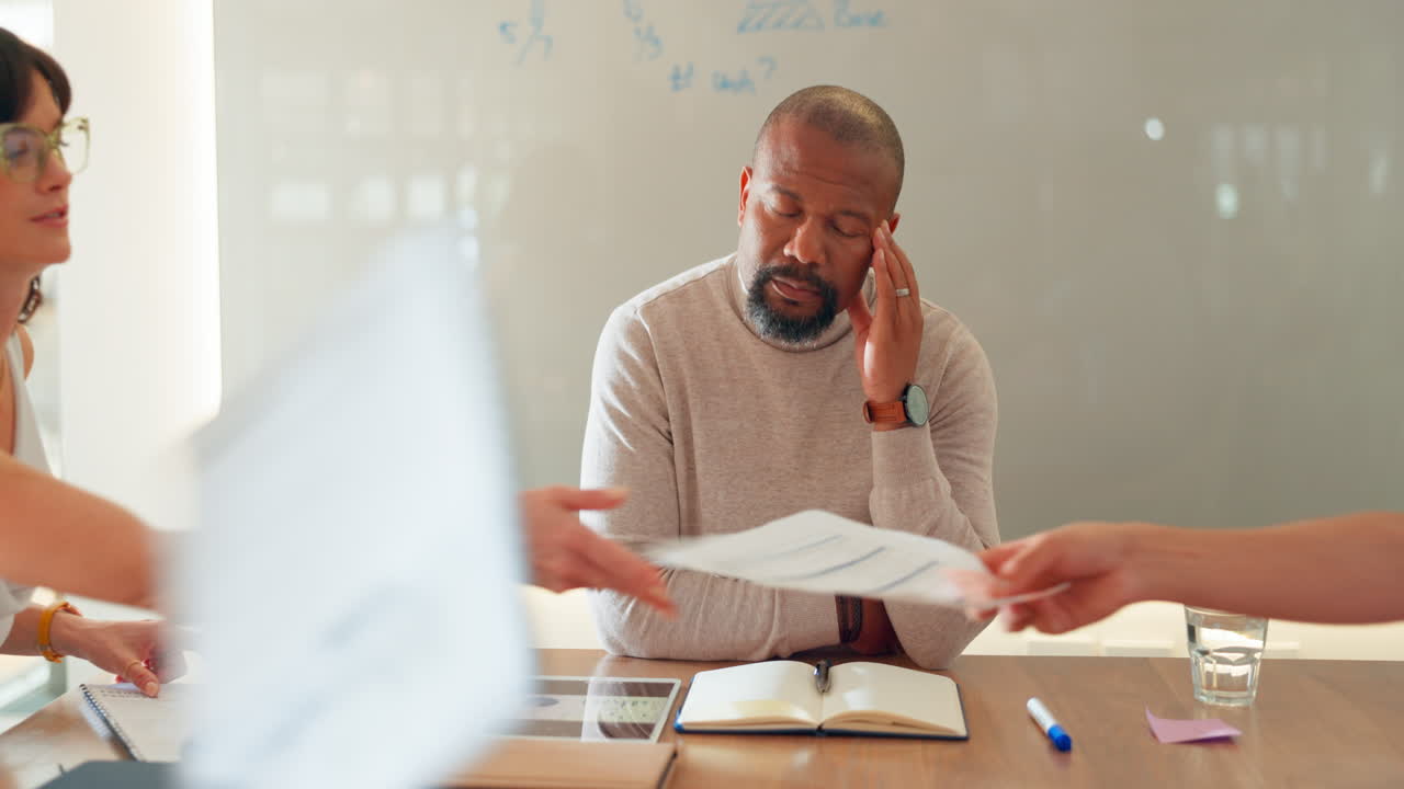 Black man, headache and burnout