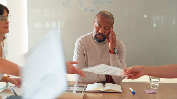 Black man, headache and burnout
