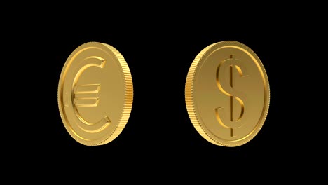 3d animation of gold coins with a dollar and euro signs rotates on a black