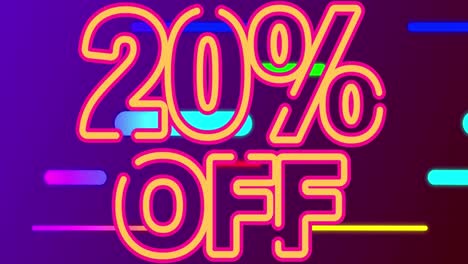 animation of 20 percent off text on purple background with colorful shapes