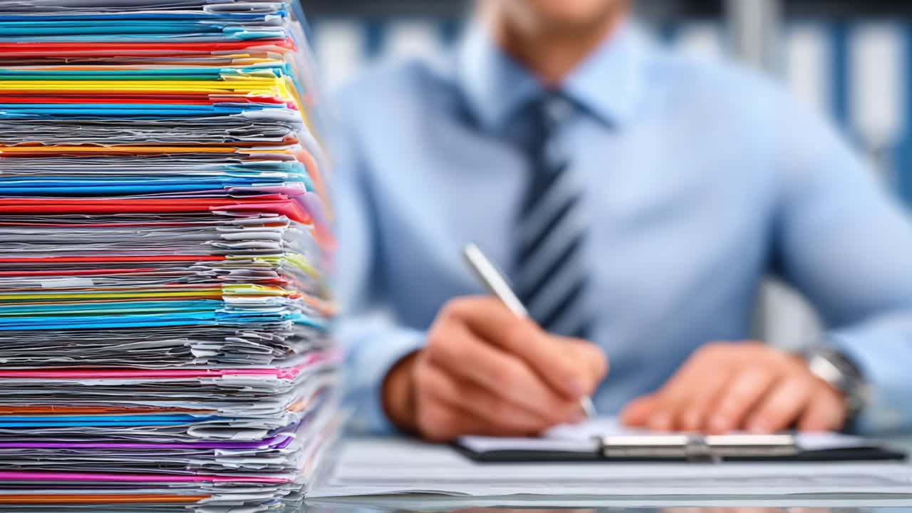 A Professional at Work: Detailed Focus on Document Management and Organization as an Individual Completes Paperwork Amidst a Stack of Colorful Files