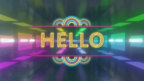 Digital-animation-of-neon-hello-text-over-glowing-tunnel-against-black-background