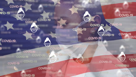 covid-19 concept icons and woman wearing face mask against us flag waving