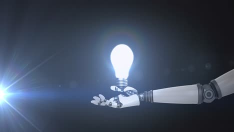 Animation-of-illuminated-light-bulb-over-hand-of-robot-arm,-with-moving-light-on-dark-background