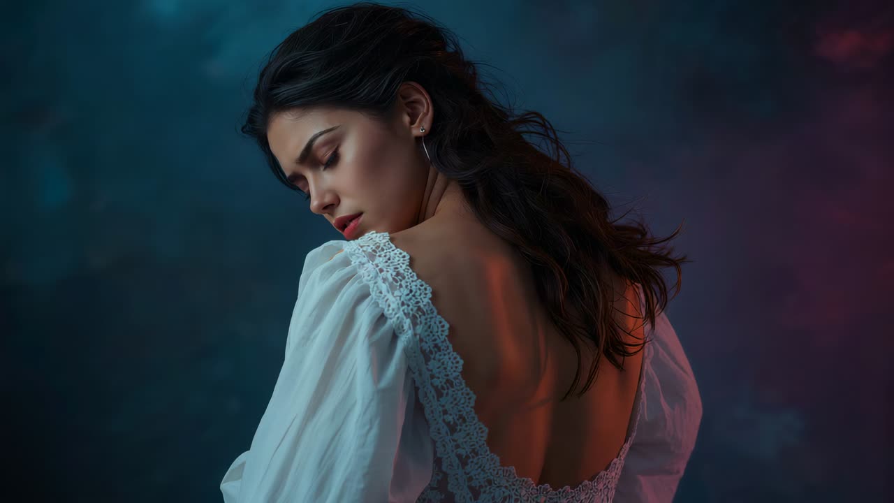 Turning model revealing over-shoulder gaze on cue in studio, wearing white lace dress for portrait