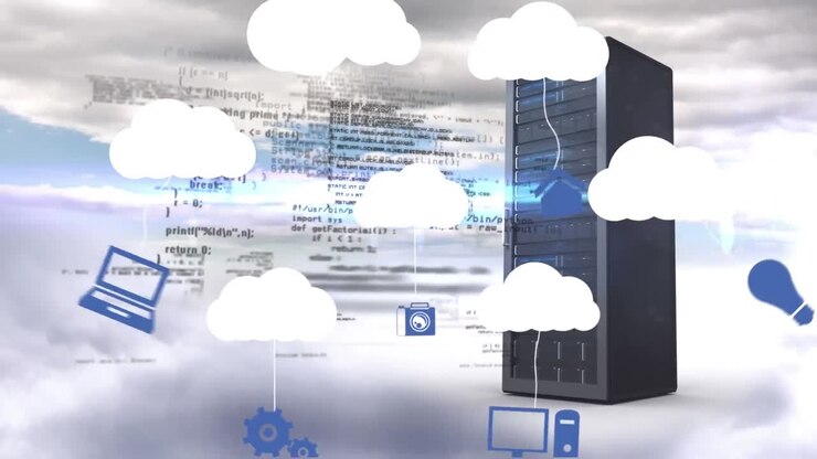 Animation of digital clouds, data processing with icons over computer server