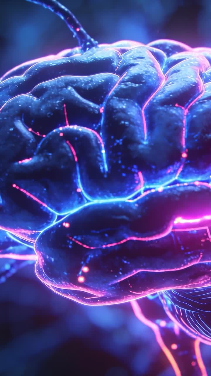 Vertical video: Pulsing probe causing 3D brain scanning and lighting mapping neural paths in render