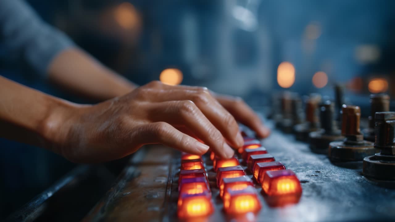 Focused hand interacting with illuminated control buttons in a dynamic industrial environment, showcasing technology and precision in operation and manipulation