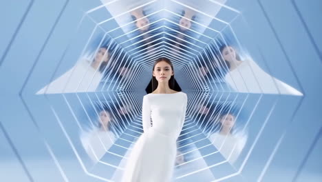 woman in white dress in futuristic reflective tunnel
