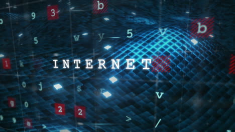 animación de texto en internet sobre cuadrícula digital con letras y números flotantes