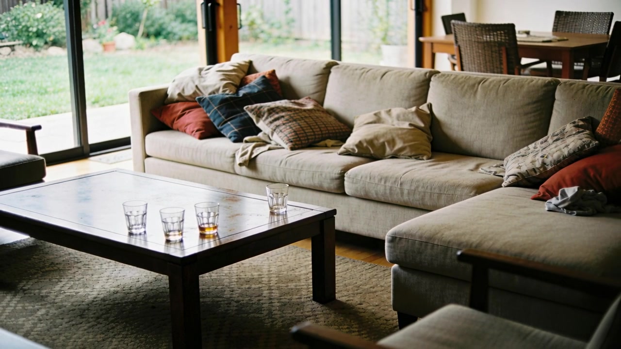 Panning camera revealing L-shaped sofa, pillows, glasses and table in living room, showing garden