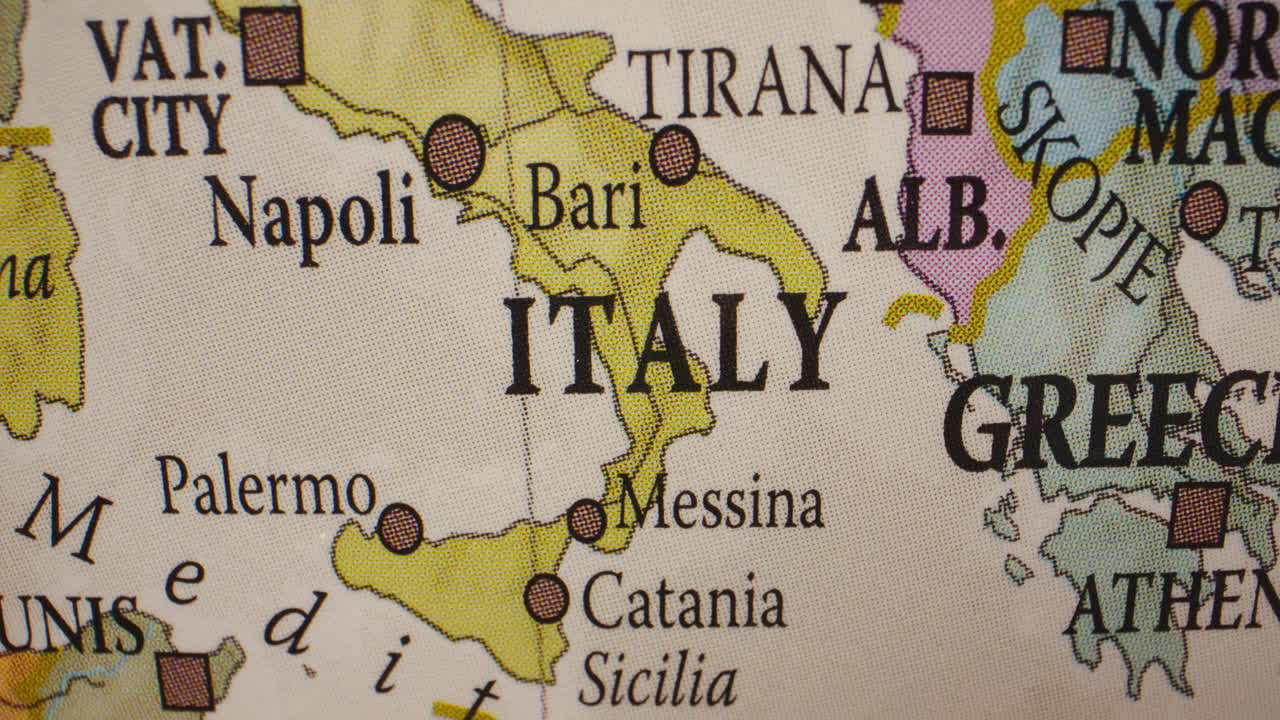 Close-up view of Italy on a detailed map