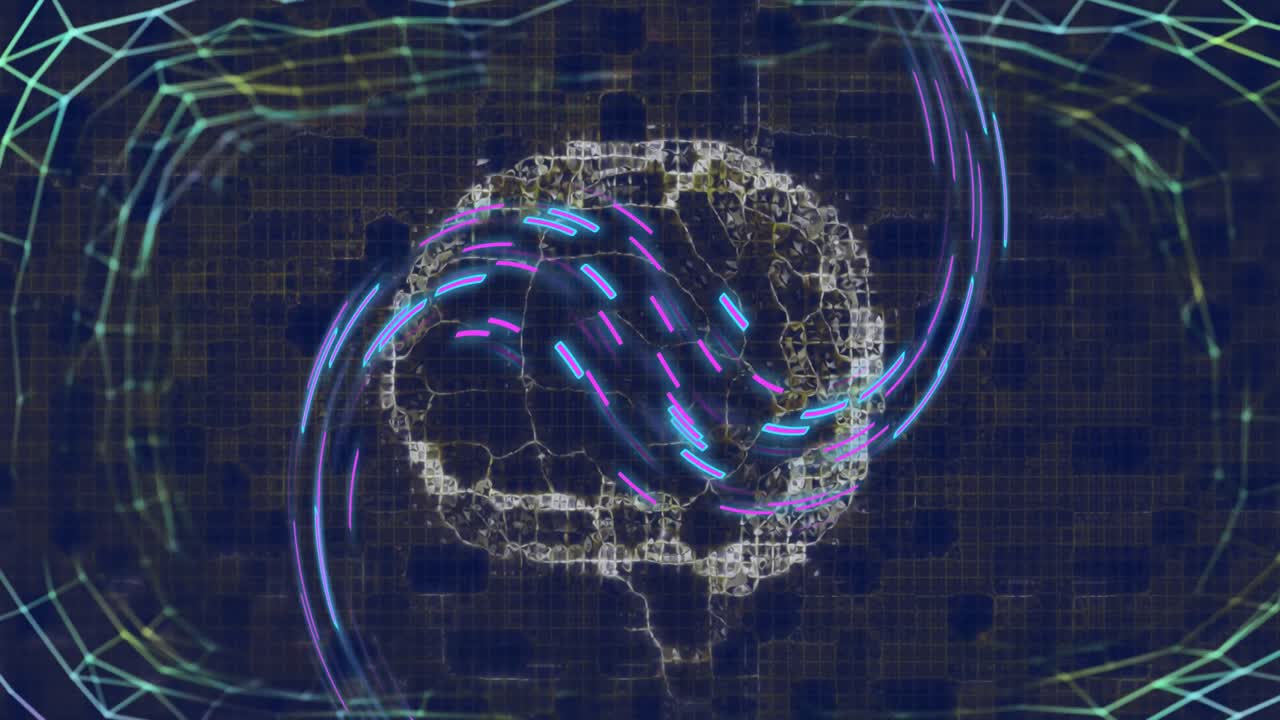 Animation of human brain, light trails and data processing