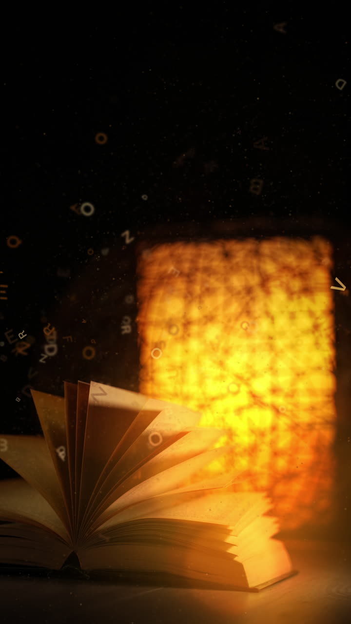 Open magic book with magic lights on a black background. Shining decorative lantern and flying letters. Loop animation. Vertical video.