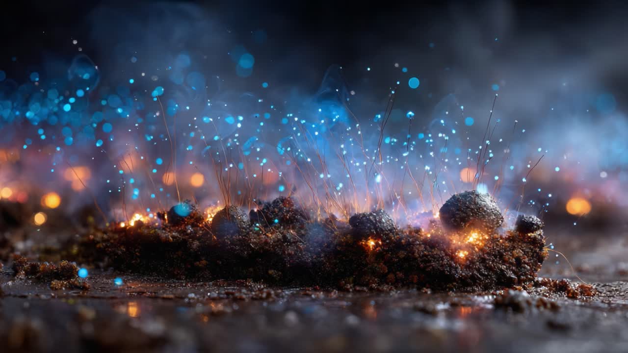 A Stunning Display of Bioluminescent Particles and Glowing Effects Emanating from an Earthy Surface in a Mystical and Ethereal Environment