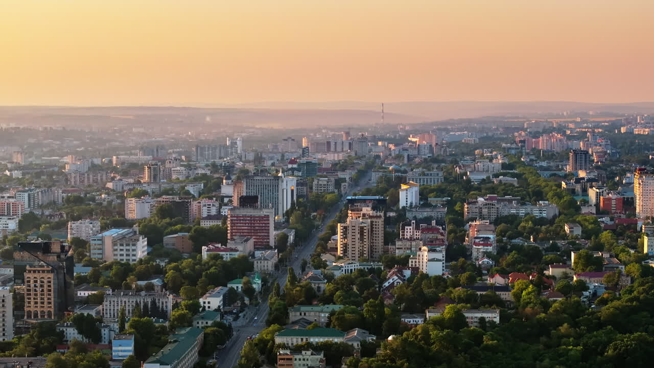 Aerial drone view of Chisinau, Moldova at sunrise