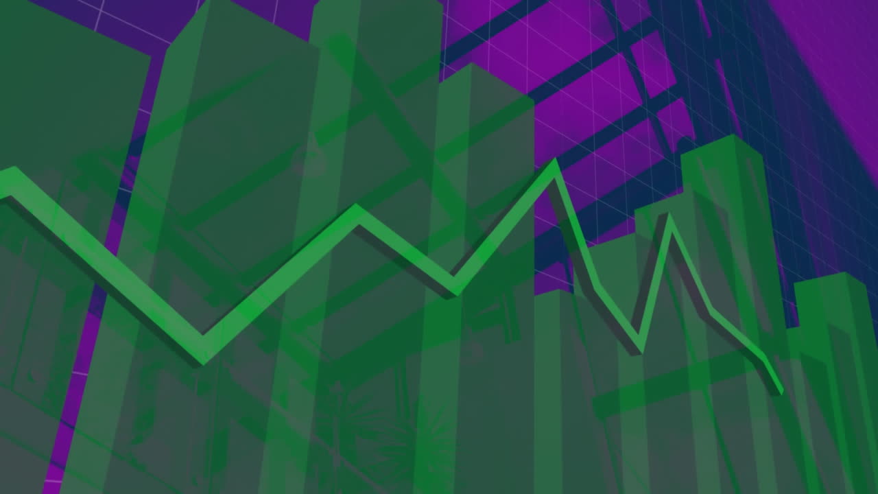 animación del procesamiento de datos financieros con línea verde sobre fondo púrpura