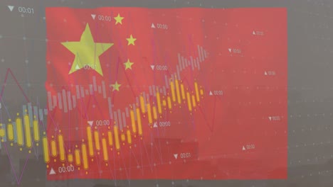 animation of flag of china and data processing over cityscape