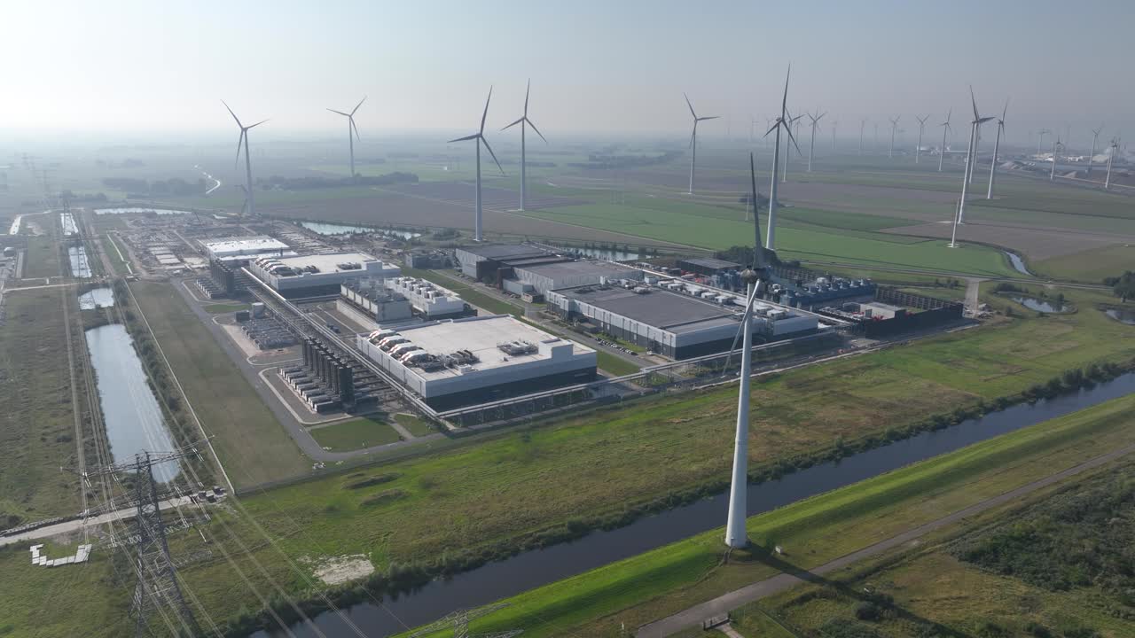 Aerial View of Wind Farm and Data Center