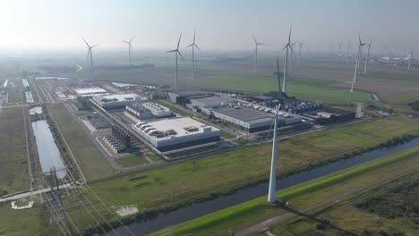 aerial view of wind farm and data center
