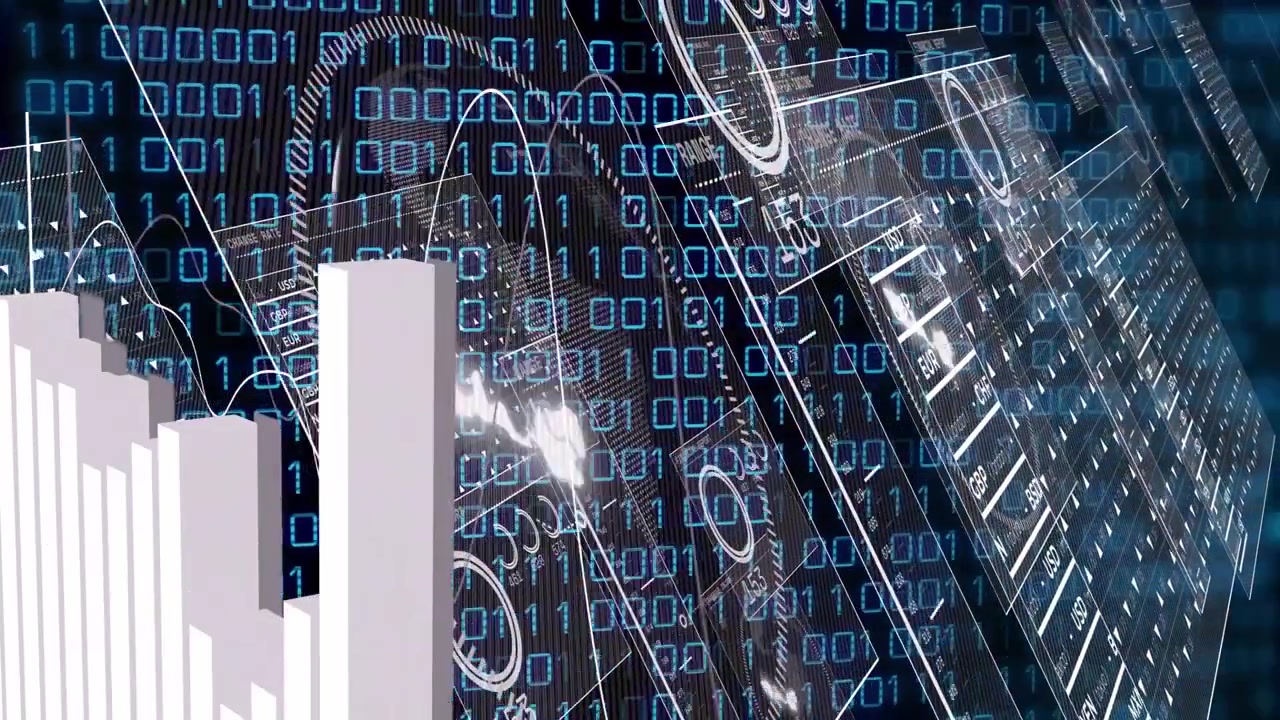Falling code starting panels sliding, bars growing, gauges rotating, line sweeping for data visuals