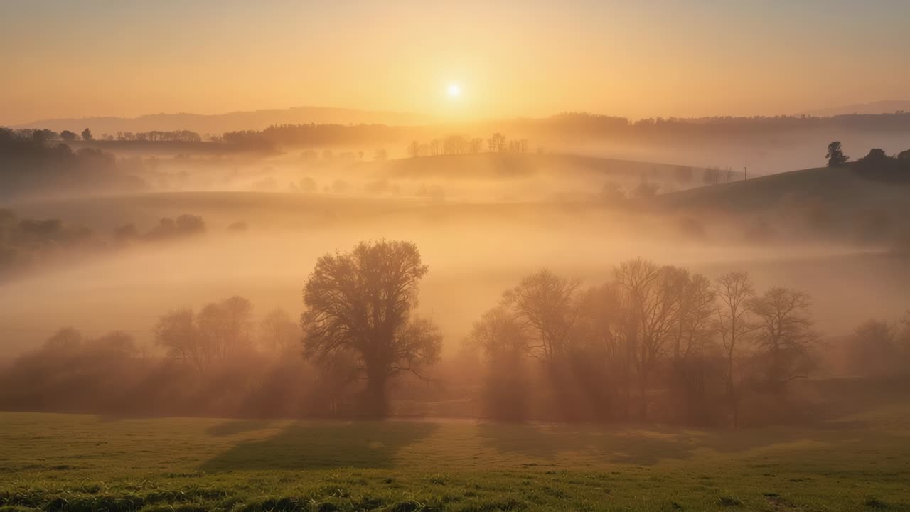 Die aufgehende Sonne beleuchtet ein ländliches Tal bei Sonnenaufgang und zerstreut den Nebel in goldene Strahlen um einen zentralen Baum.