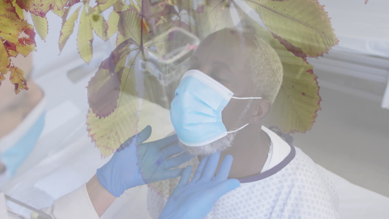 Composito di medico e paziente anziano afroamericano con mascherina, e foglie al sole