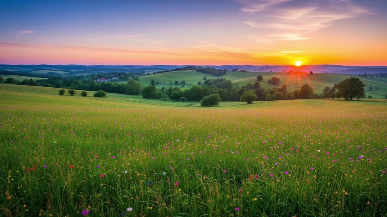 A Breathtaking Sunrise Over Lush Green Fields, Illuminating the Landscape with Vibrant Colors and Creating a Picturesque Scene of Natural Beauty