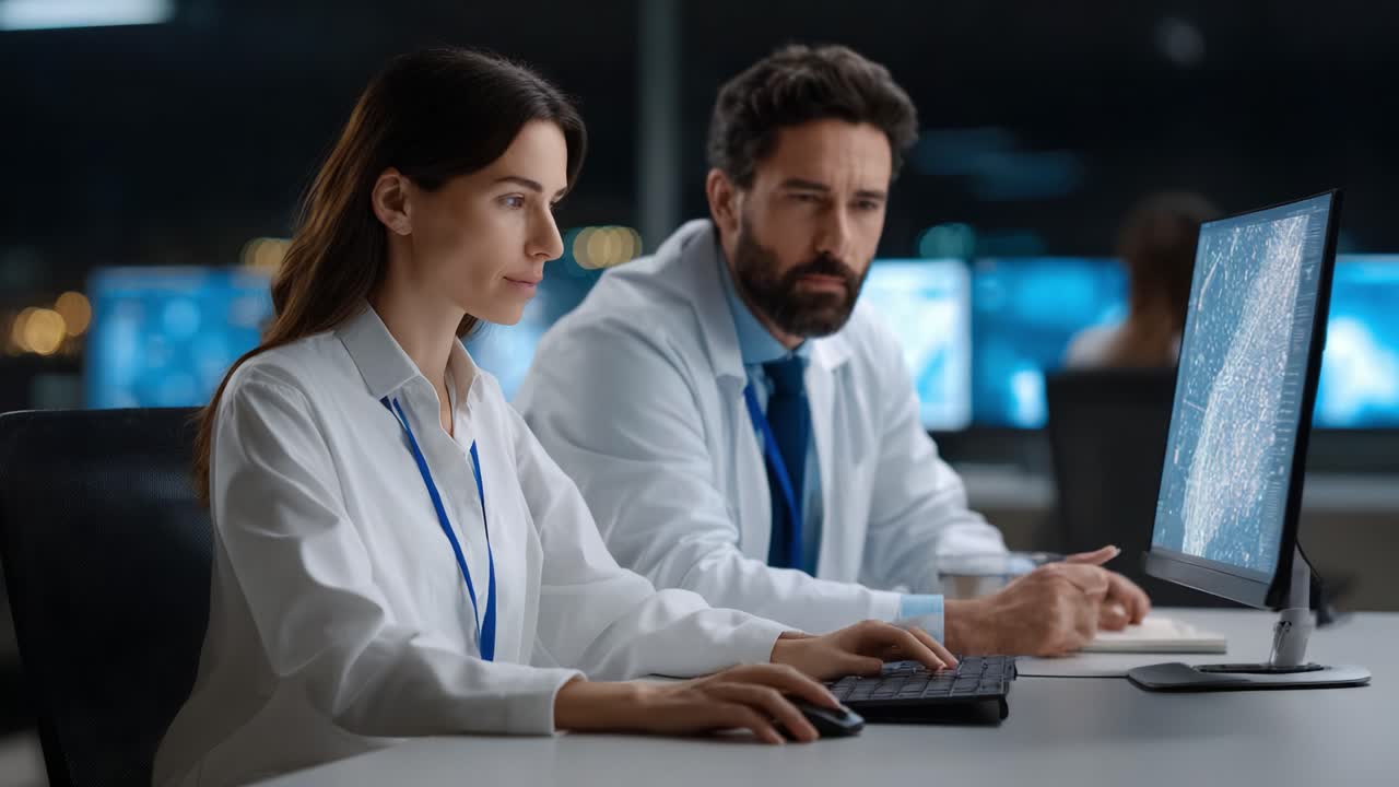 Focused collaboration between two professionals in lab coats analyzing data on a computer screen, demonstrating teamwork and problem-solving in a modern research environment