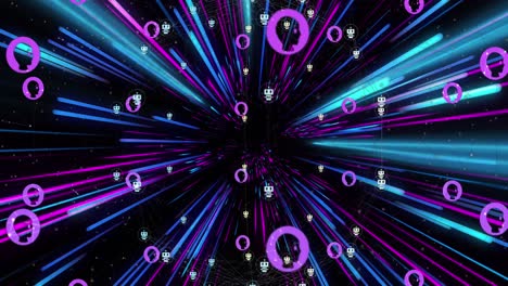 Animation-of-network-of-connections-with-ai-icons-over-pink-and-blue-neon-light-trails