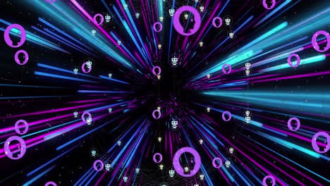 animación de la red de conexiones con íconos ai sobre senderos de luz de neón rosado y azul